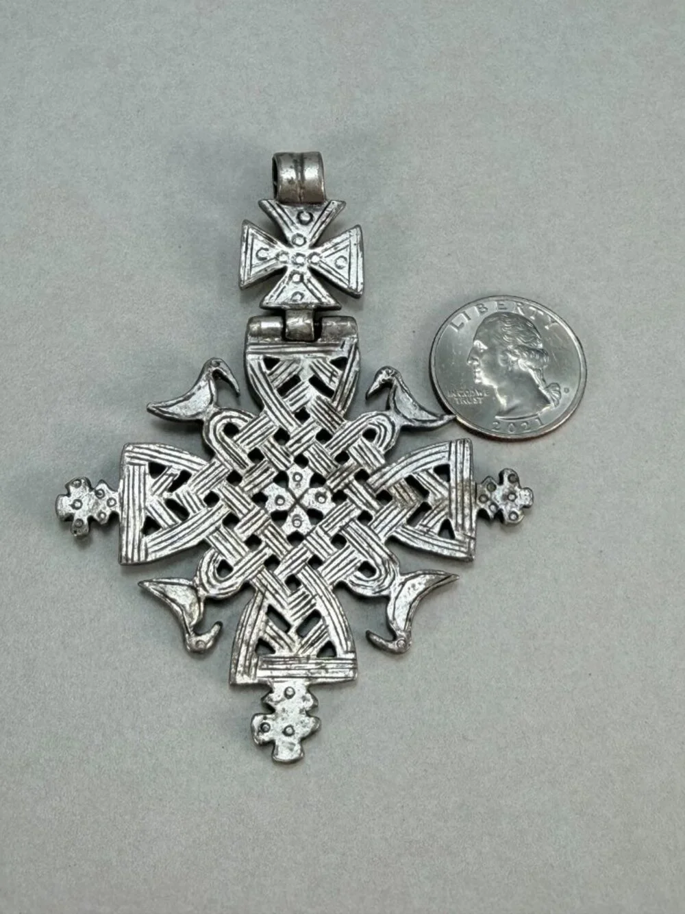 Vintage Alva Ethiopian Coptic Cross Pendant Silver Tone Signed Large